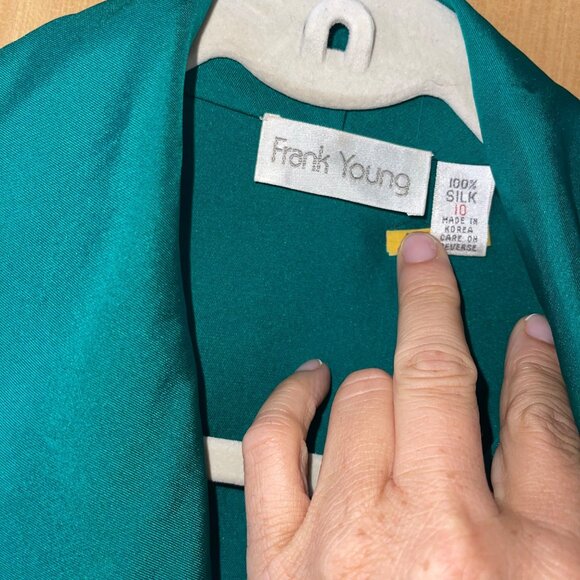 Frank Young Vintage Womens Blouse Size 10 Green Twill Collared Pure Silk - Picture 5 of 10